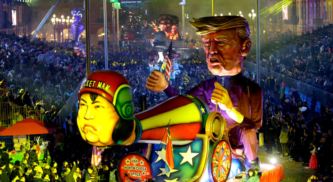 A float depicting U.S. President Donald Trump and North Korean leader Kim Jong Un parades during the Nice carnival, Feb. 17, 2018, in Nice, southeastern France. The Carnival celebrates this year the "King of Space." Claude Paris | AP