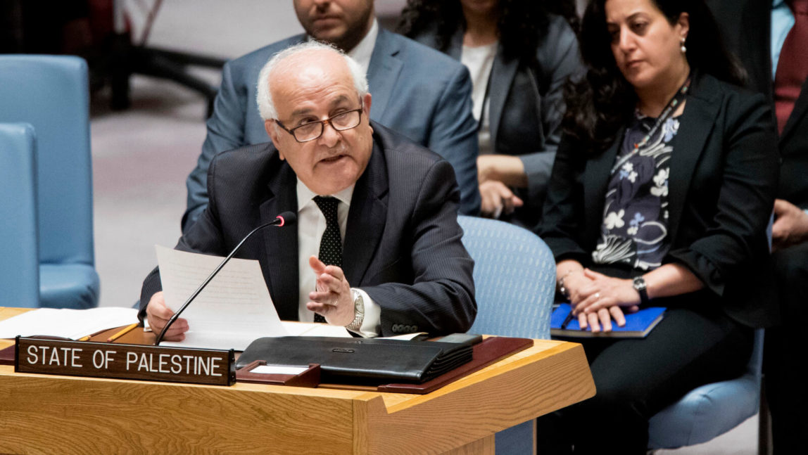 Palestinian Ambassador to the United Nations Riyad Mansour speaks during a Security Council meeting on the situation between the Israelis and the Palestinians, Friday, June 1, 2018, at United Nations headquarters. (AP Photo/Mary Altaffer)