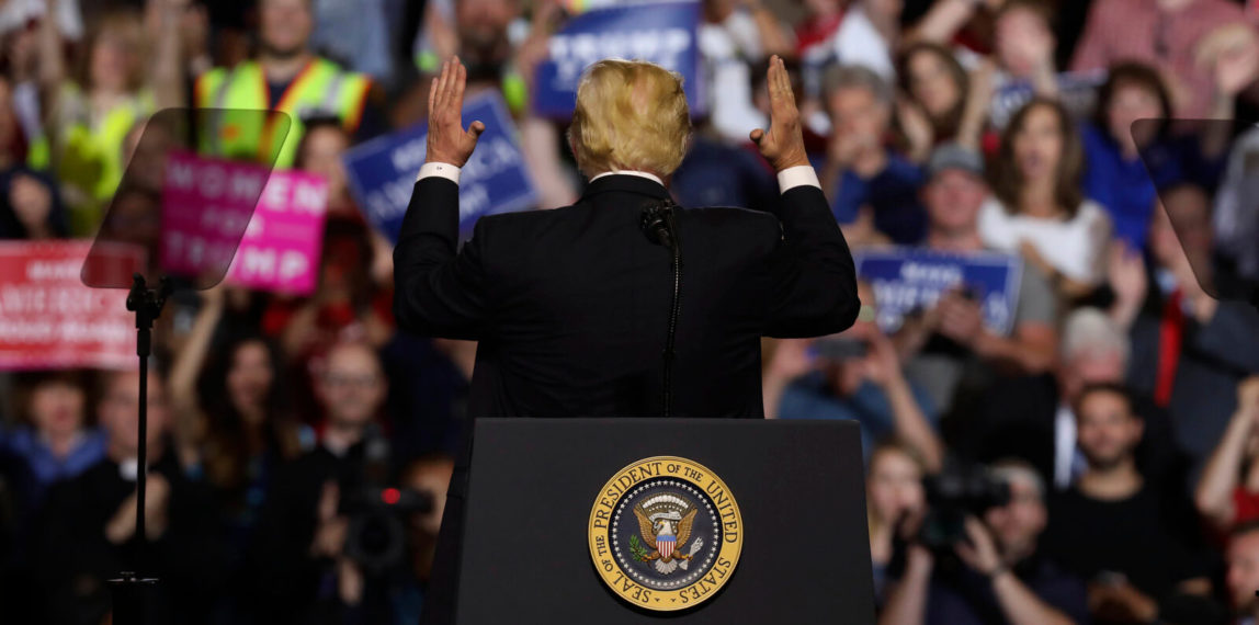 President Donald Trump addresses the audience at a rally at the Four Seasons Arena at Montana ExpoPark, Thursday, July 5, 2018, in Great Falls, Mont., in support of Rep. Greg Gianforte, R-Mont., and GOP Senate candidate Matt Rosendale. (AP Photo/Jim Urquhart)