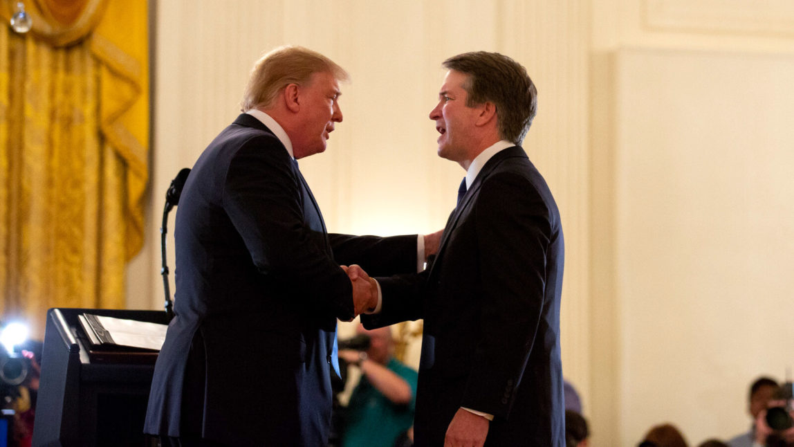 President Donald Trump shakes hands with Brett Kavanaugh, his Supreme Court nominee, in the East Room of the White House, July 9, 2018, in Washington. Evan Vucci | AP