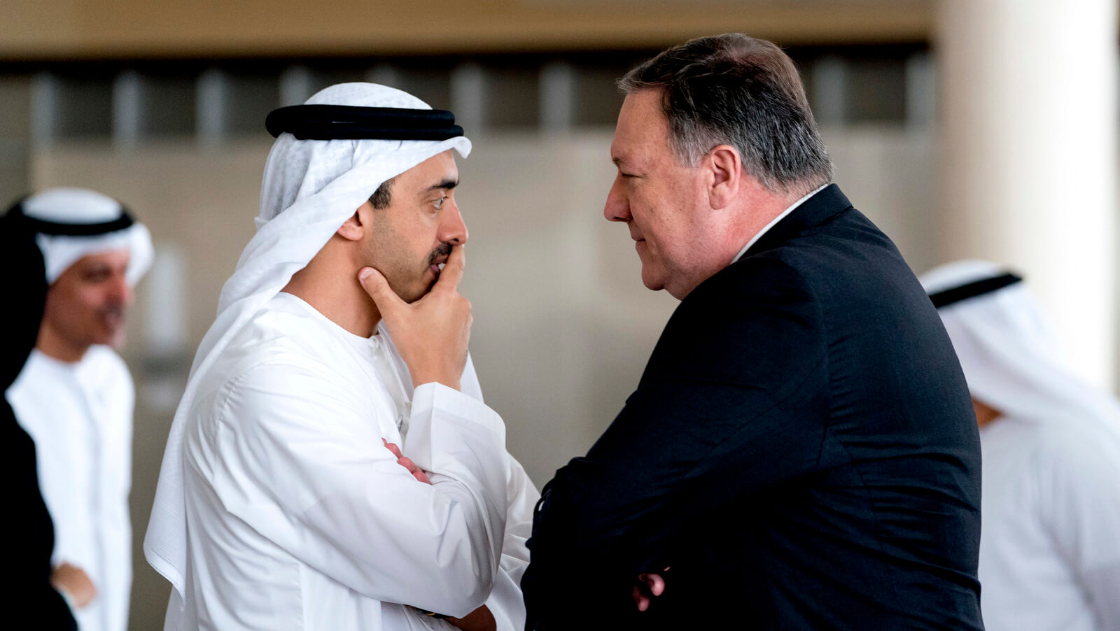 Mike Pompeo speaks with UAE Foreign Minister Abdullah bin Zayed Al Nahyan in Abu Dhabi‎ ahead of Pompeo's visit to Afghanistan, July 10, 2018. Andrew Harnik | AP