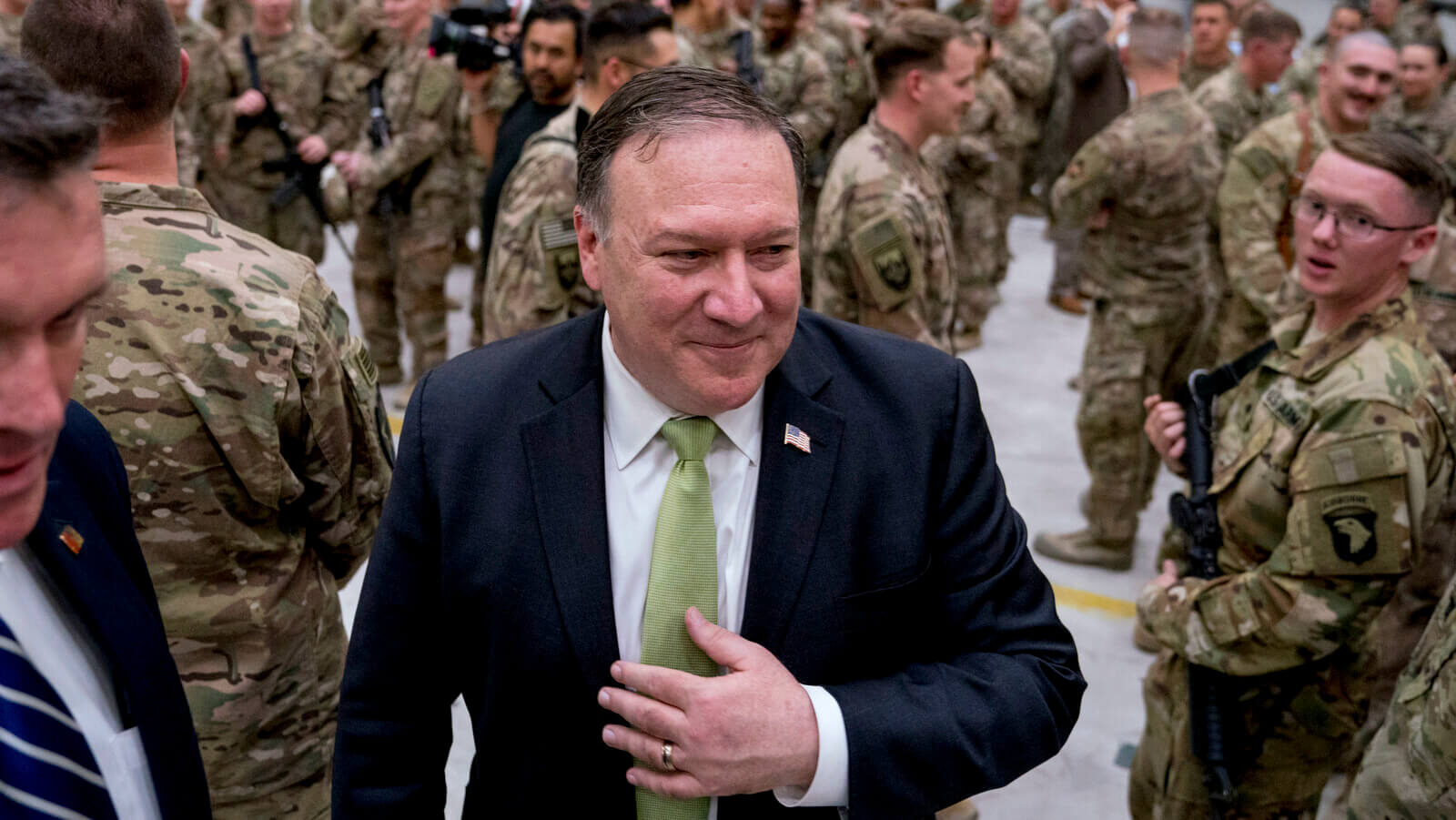 Secretary of State Mike Pompeo meets with coalition forces at Bagram Air Base, Afghanistan, July 9, 2018. Andrew Harnik | AP
