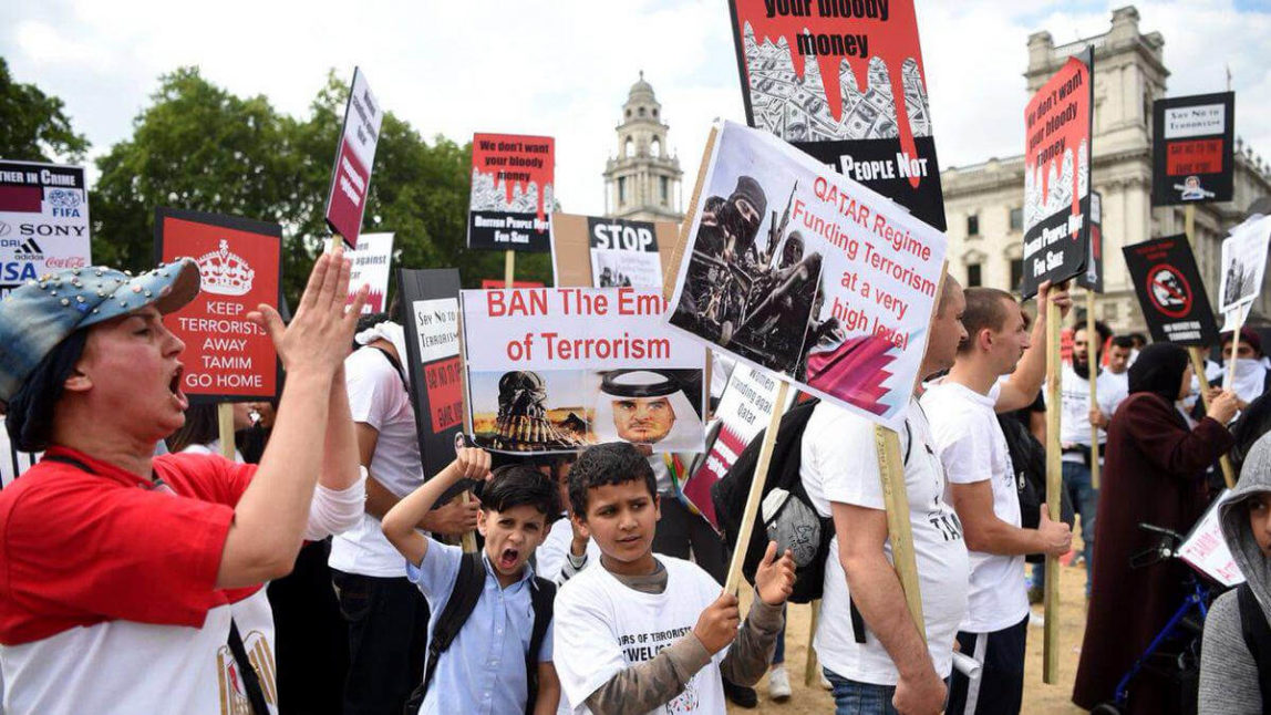 An Anti Qatar protest in London as Emir Sheikh Tamim bin Hamad Al Thani arrives in the UK, July 23, 2018. Photo | Twitter