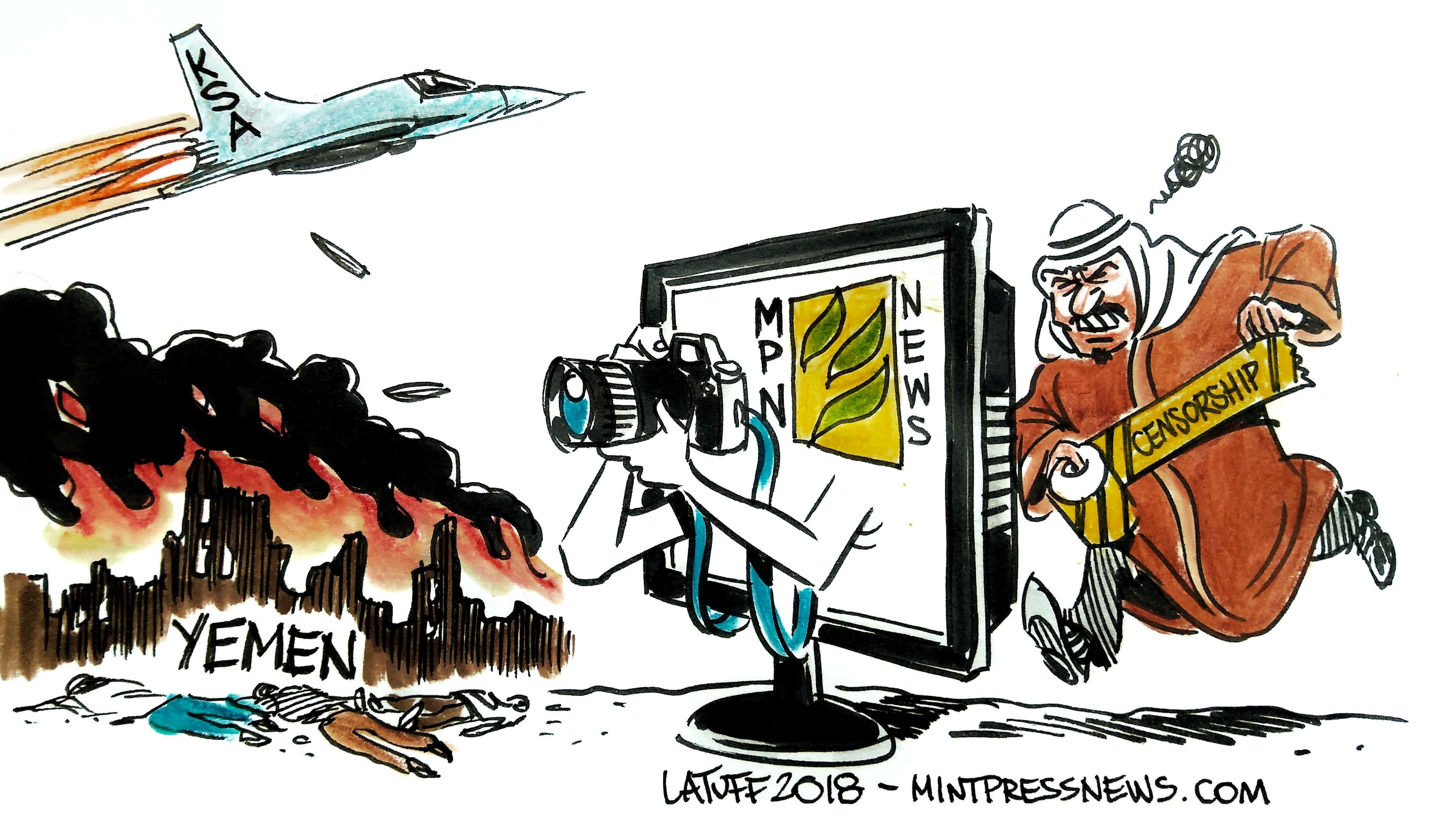 MintPress News was identified as a media target by Saudi Arabia and its coalition waging the war on Yemen. An Editorial Cartoon by Carlos Latuff.