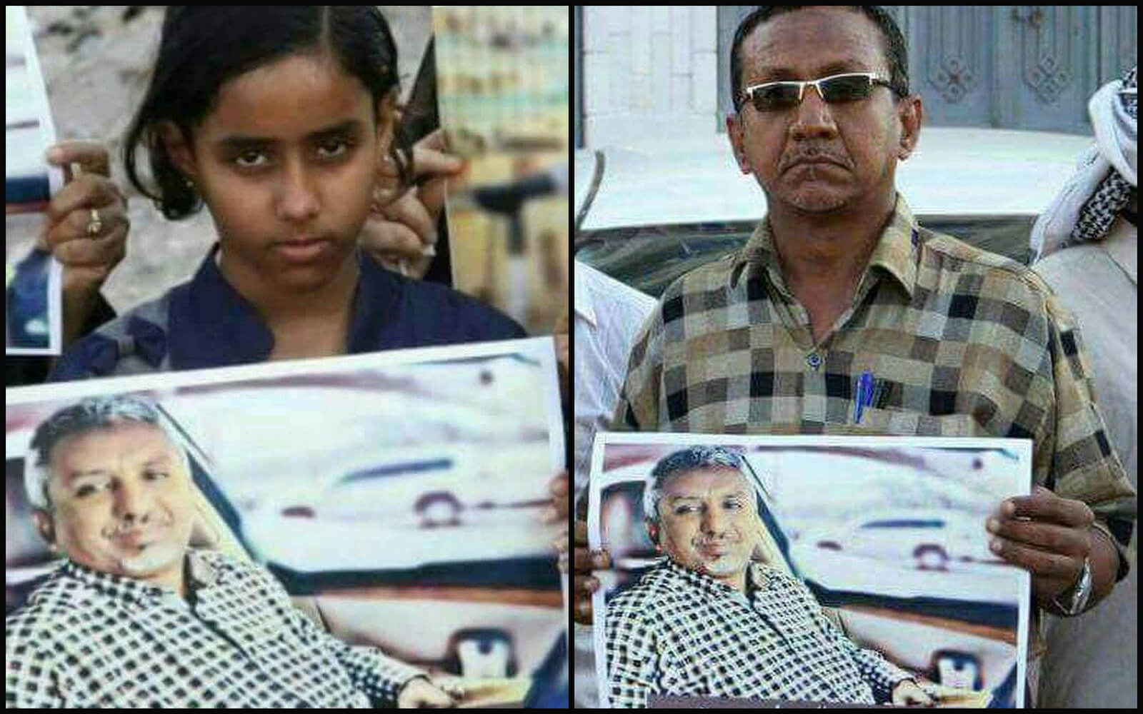 The daughter and brother of Nezal Ba Hwaireth, who was disappeared into a secret UAE prison, raise his photo at a rally demanding his release. Photo | Courtesy Ba Hwaireth family