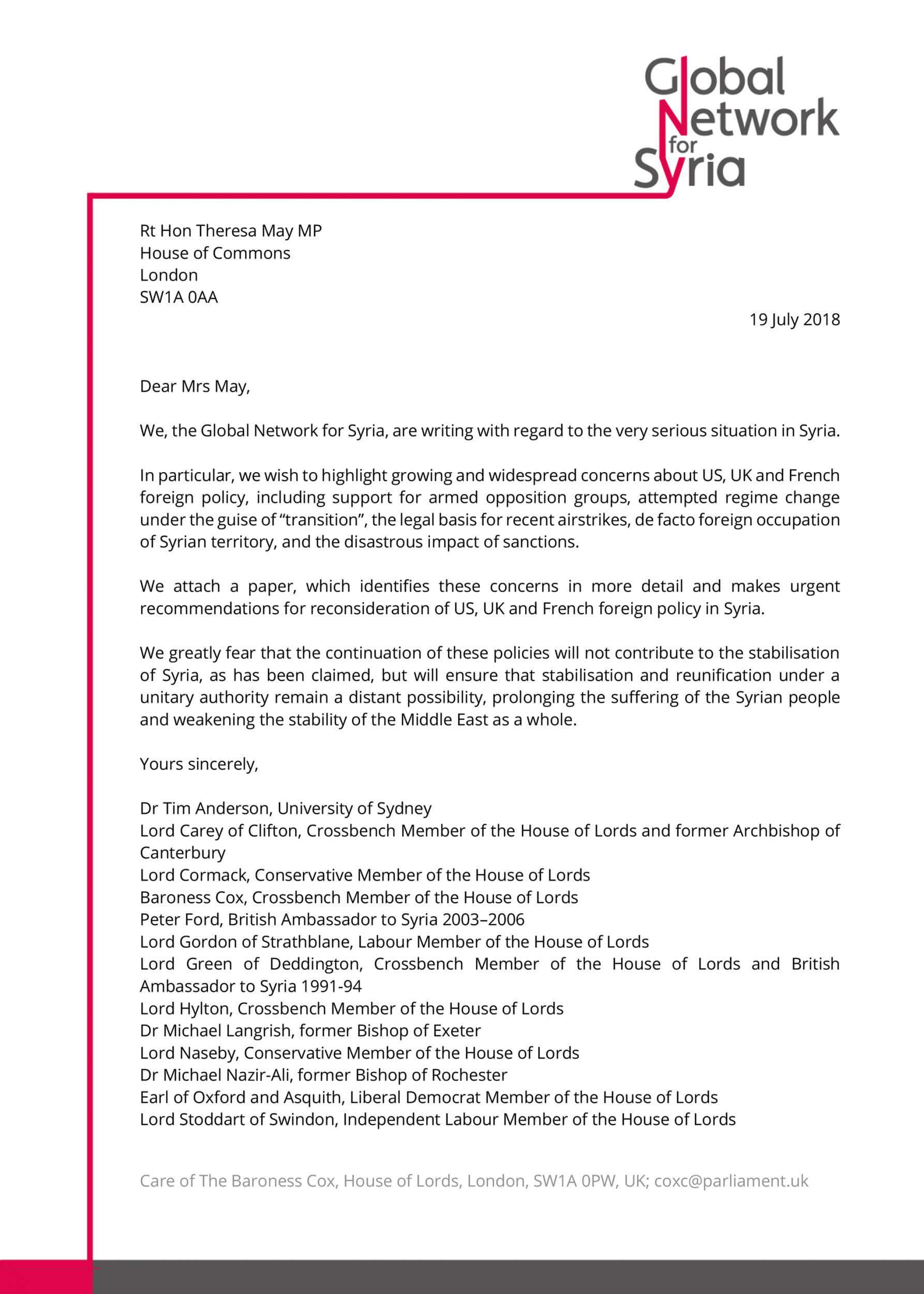 Global Network for Syria letter to UK officials.