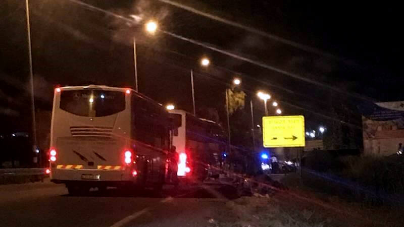 Photograph of part of the convoy of buses stopped near the Syrian border in the overnight evacuation of some 800 White Helmets and their families. Photo | Vaaju
