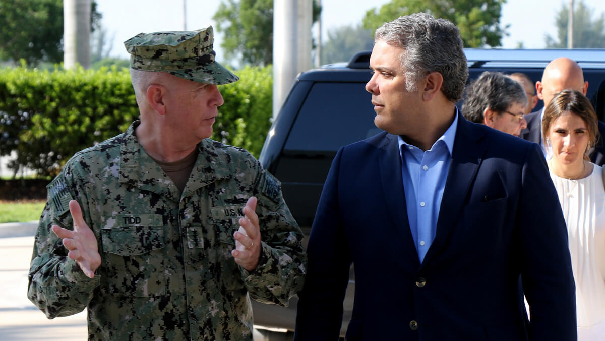 U.S. Navy Adm. Kurt Tidd, commander of U.S. Southern Command (SOUTHCOM), escorts Colombian President-elect Ivan Duque at the command’s headquarters in Doral, Fla., July 14. Photo | SOUTHCOM