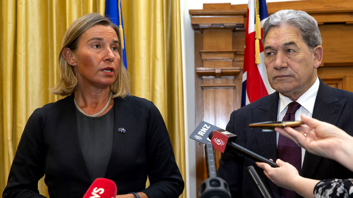 European Union foreign policy chief Federica Mogherini, left, and New Zealand Foreign Minister Winston Peters address a press conference after their meeting at Parliament in Wellington, New Zealand, Aug. 7, 2018. Mark Mitchell | New Zealand Herald via AP