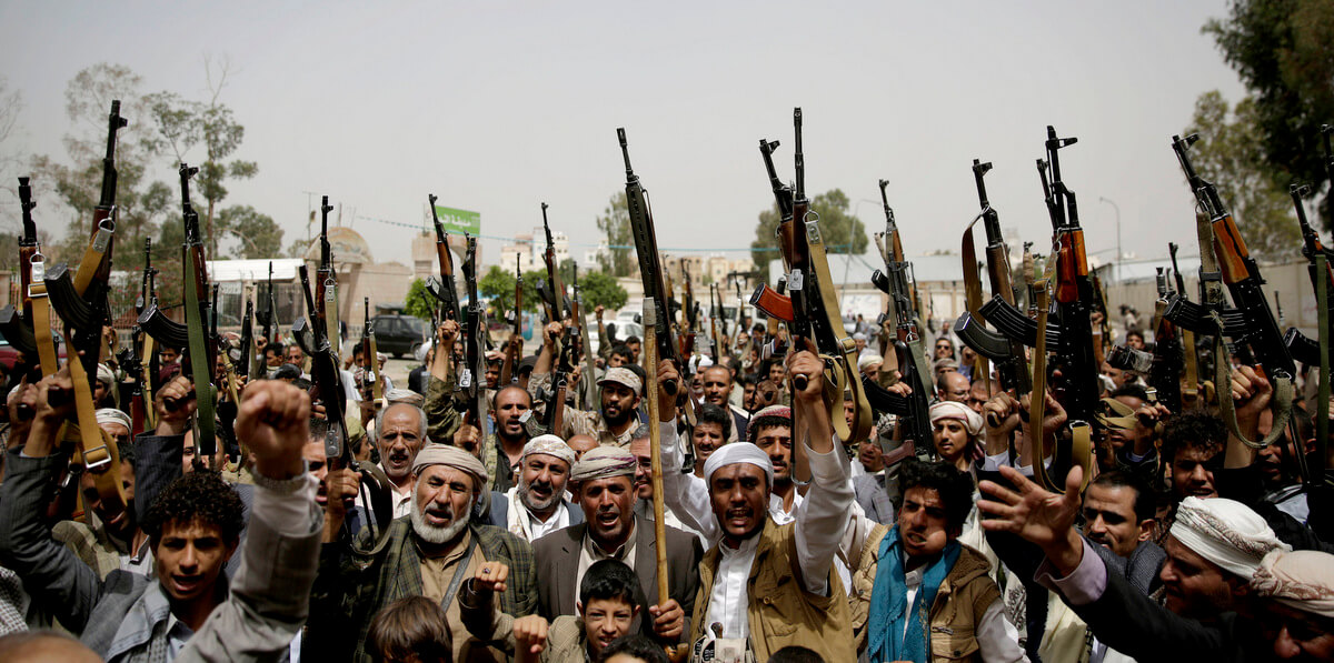 Yemeni tribesmen hold their weapons and chant slogans during a tribal gathering showing support for the Houthi movement, in Sanaa, Yemen, May 26, 2016. Hani Mohammed | AP