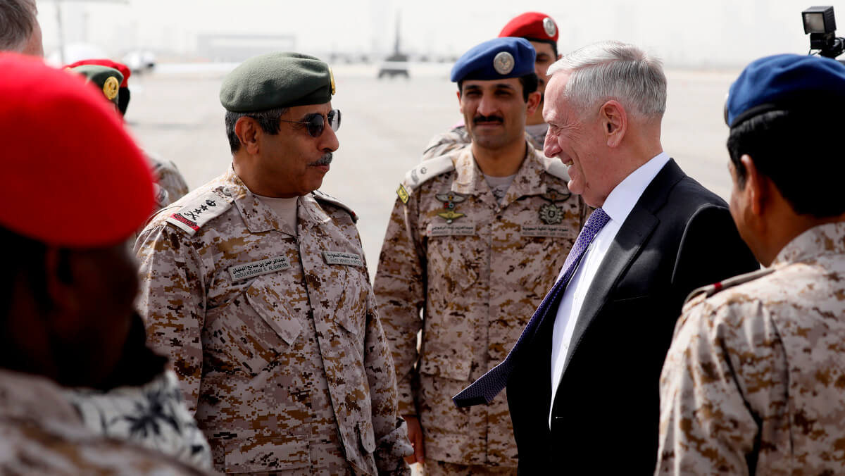 U.S. Defense Secretary James Mattis is greeted by Saudi Armed Forces Chief of Joint Staff General Abdul Rahman Al Banyan (L) upon his arrival at King Salman Air Base, Riyadh, Saudi Arabia, April 18, 2017. Jonathan Ernst | AP