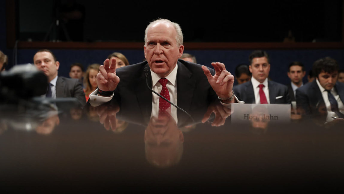 Former CIA Director John Brennan testifies on Capitol Hill in Washington, May 23, 2017, before the House Intelligence Committee Russia Investigation Task Force. Pablo Martinez Monsivais | AP