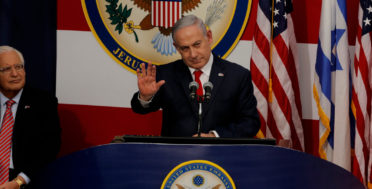Israel's Prime Minister Benjamin Netanyahu delivers his speech as U.S. ambassador to Israel David Friedman listen, during the opening ceremony of the new U.S. embassy in Jerusalem, May 14, 2018. Sebastian Scheiner | AP