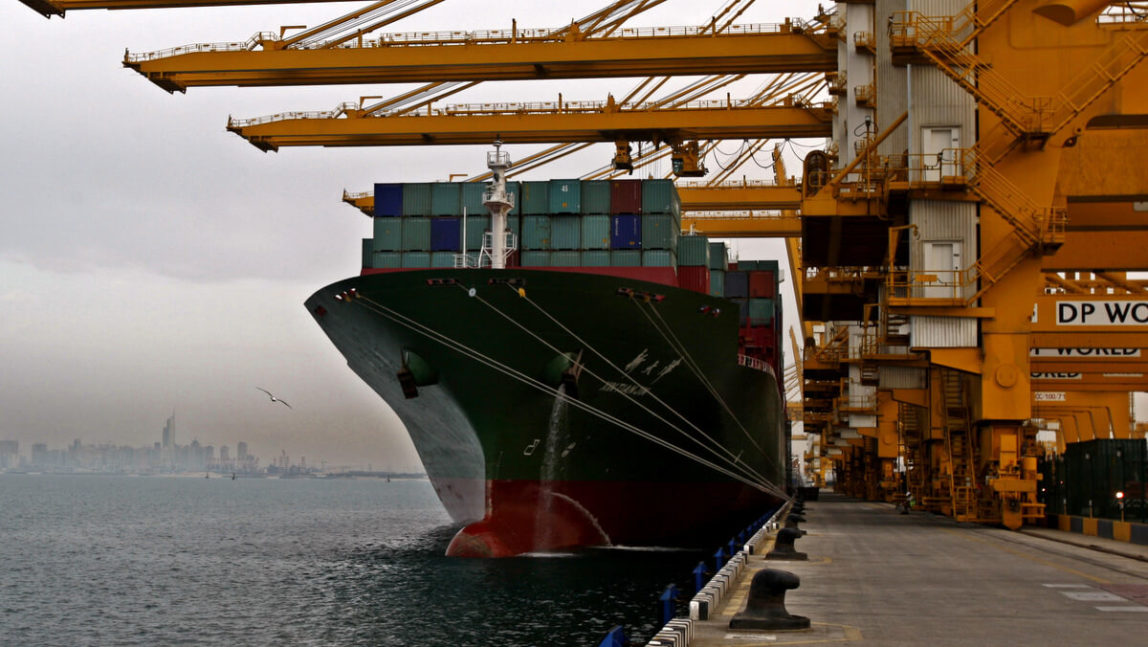 A cargo ship docks to off load its containers at the Jebel Ali port terminal 2 in Dubai, United Arab Emirates, Feb. 8, 2009. Kamran Jebreili | AP