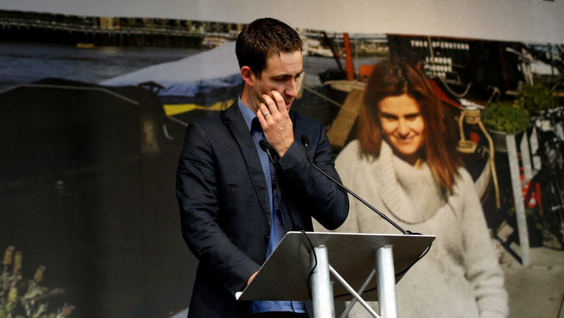 Brendan Cox makes a speech during a Jo Cox memorial in Trafalgar Square, London, June 22, 2016. Alastair Grant | AP