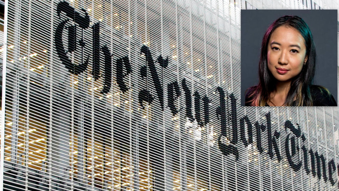 A photo of the New York Times building in New York with a photo of recent New York Times hire Sarah Jeong in the upper right corner.  Richard Drew | AP & Wikimedia Commons