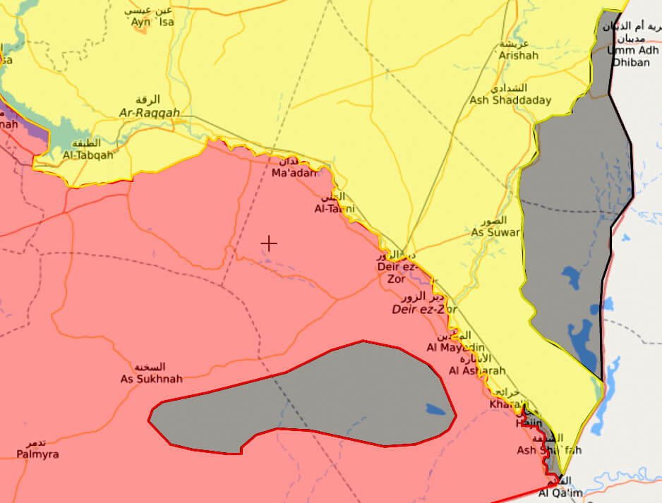 A map of the territory held by ISIS (grey) at the Syrian-Iraqi border in the U.S. controlled zone north of the Euphrates (yellow). April 24, 2018. Source | Syria Live Map