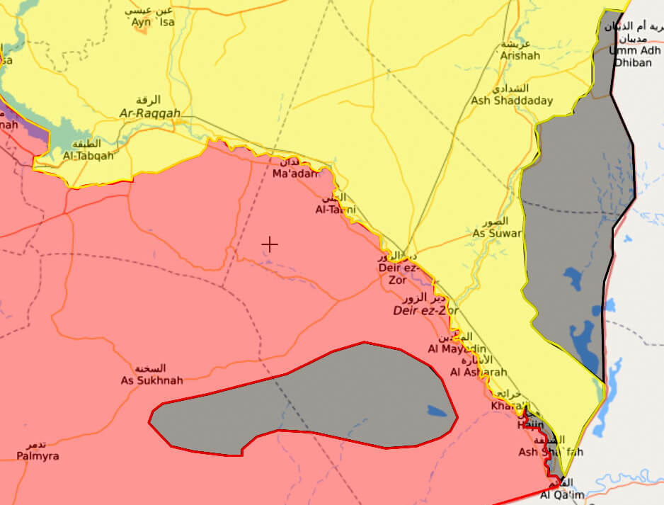 伊斯兰国（灰色）领土的地图，位于幼发拉底河以北的美国控制区叙利亚 - 伊拉克边境（黄色）。 2018年4月24日。来源|叙利亚实时地图