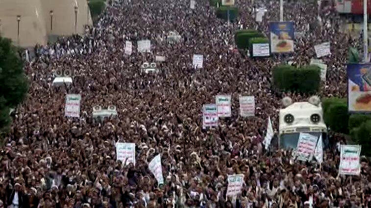 Tens thousands of Yemenis in Sanaa protest following coalition airstrikes on Hodeidah.