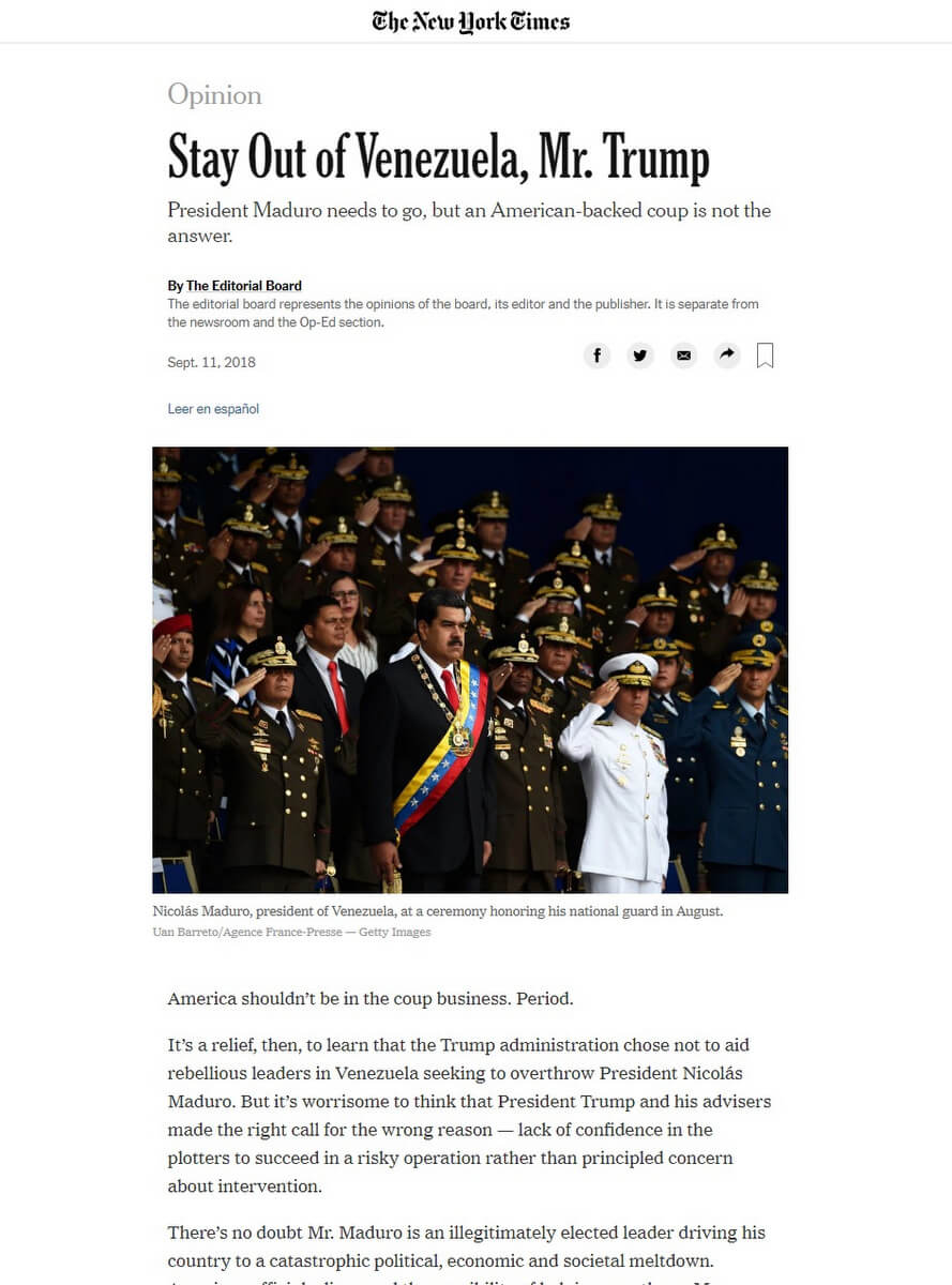 Нью Йорк Таймс. Пребывание в Венесуэле Г-н Трамп