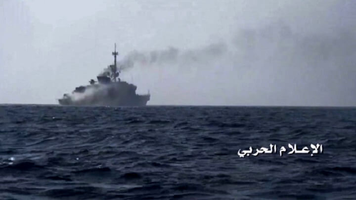 A screenshot from video showing a previous attack on a Saudi warship.