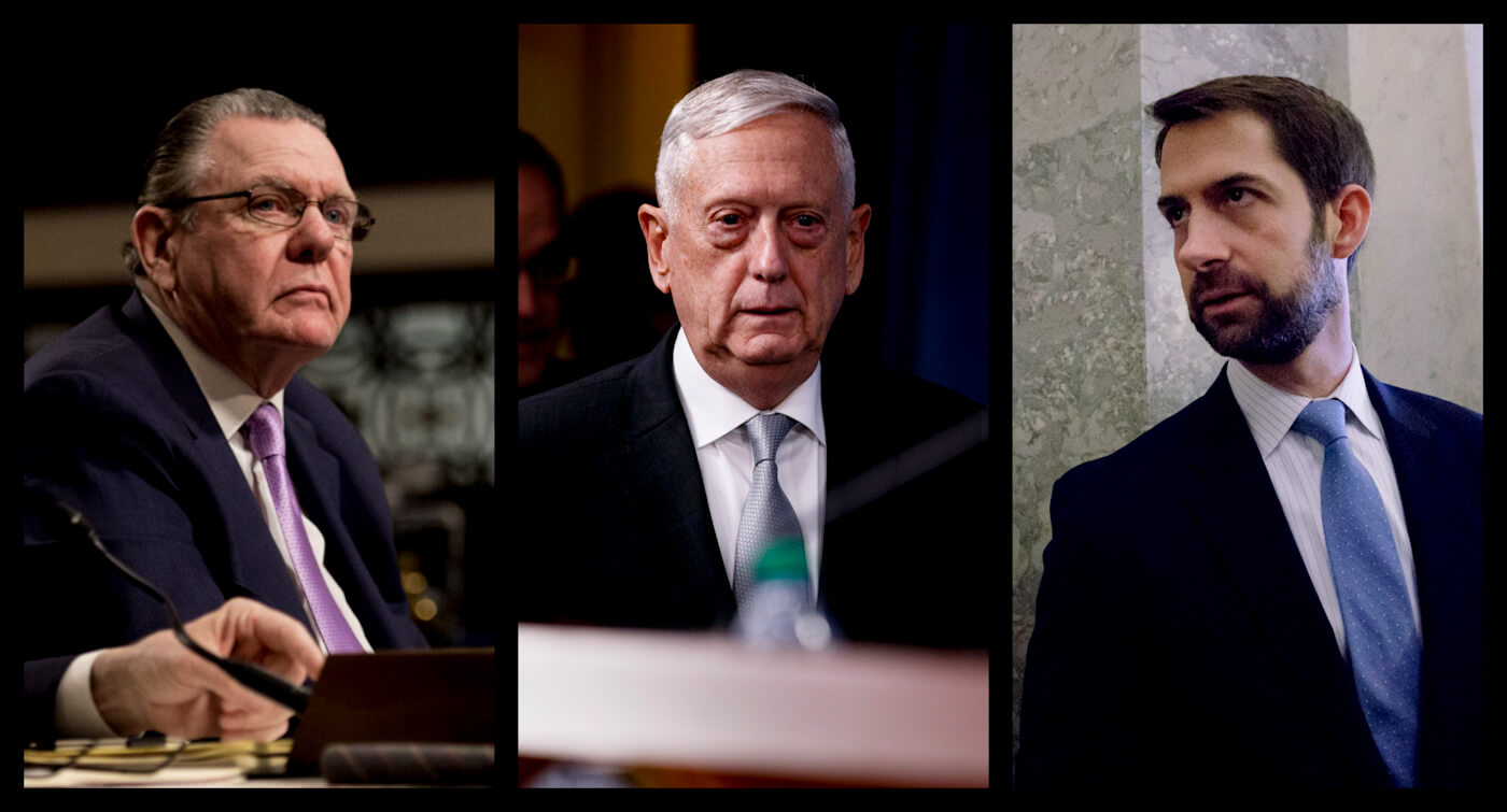 Pictured left to right, General John Keane, General Jim Mattis and Senator Tom Cotton.  Photos | Associated Press | MintPress News.