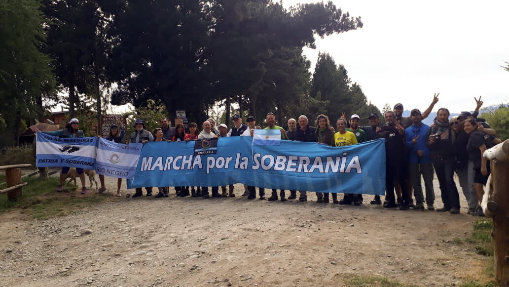 Participants in the 2019 “March for Sovereignty” pose for a picture at the beginning of their several-day journey to reach Lago Escondido by foot. Photo | FIPCA PRENSA