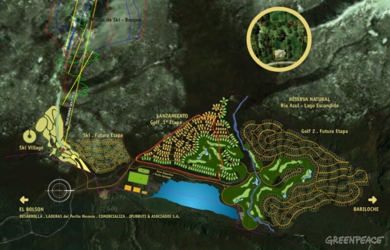 The proposed plan for the Laderas project, a 1,000-home luxury subdivision complete with an artificial lake and a golf course. Lewis’ firms plan to place the private airport (not shown in this image) south of the lake. The project is located right in the center of a nature reserve, is connected to Lewis’ Lago Escondido property, and sits atop El Bolsón’s water reserves. Photo | Greenpeace Argentina
