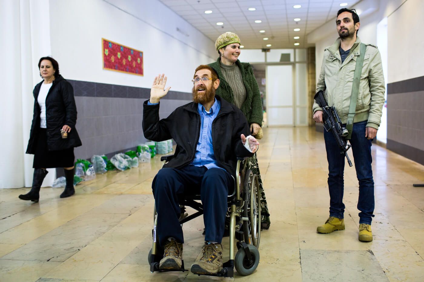 Yehuda Glick arrives to cast his vote during Likud party elections in Jerusalem, still healing from an alleged attack, Dec. 31, 2014. Oded Balilty | AP