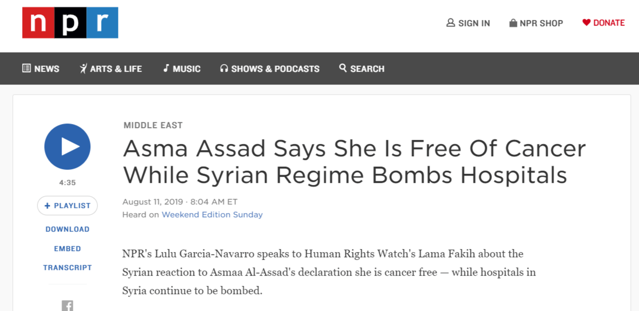 Asma Assad NPR cancer