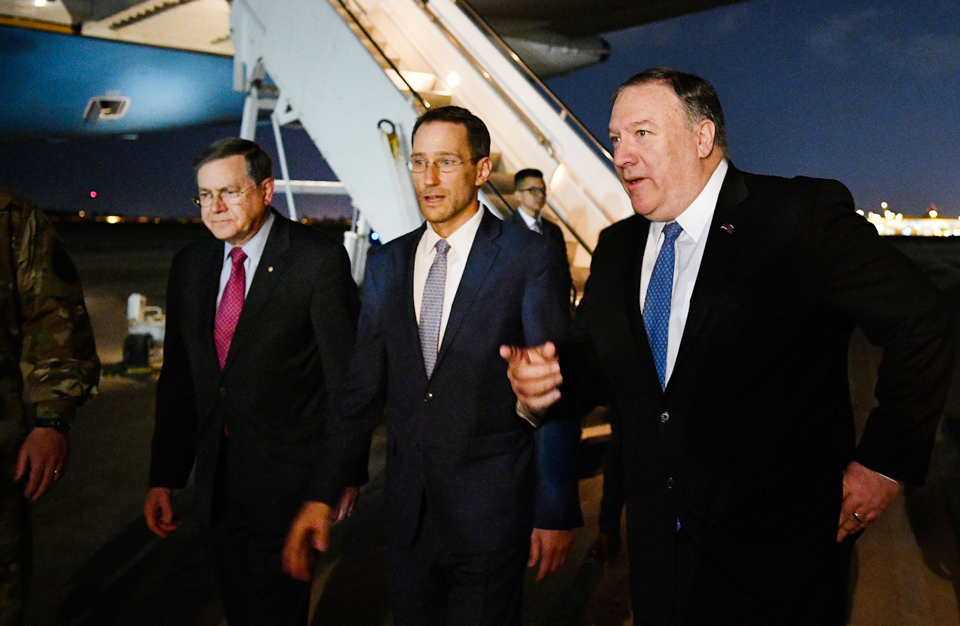 David Satterfield, left, arrives in Baghdad with Secretary of State Mike Pompeo, right, and Joey Hood, May 7, 2019. Mandel Ngan | AP