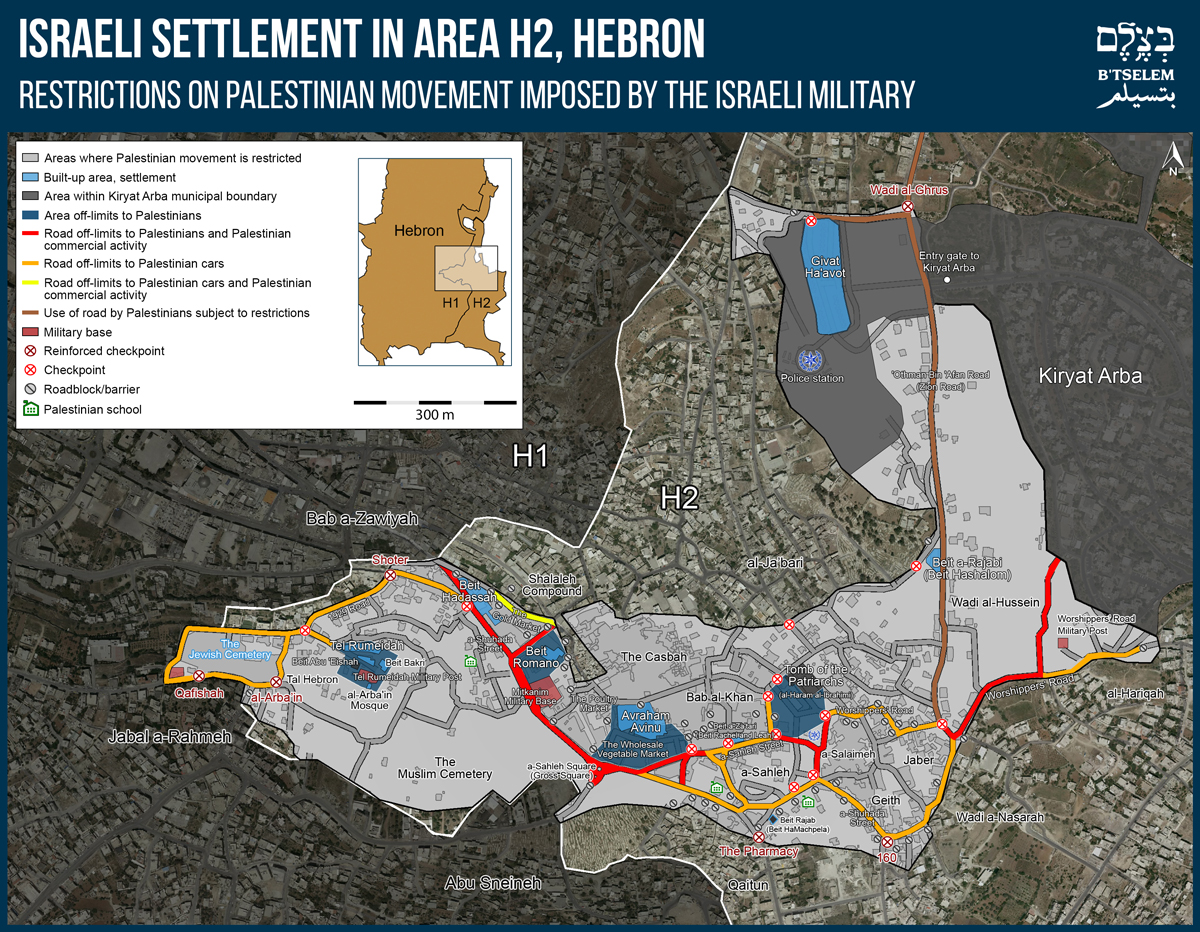 A map showing the encroachment of Israeli settlements in Hebron. Source | B’Tselem