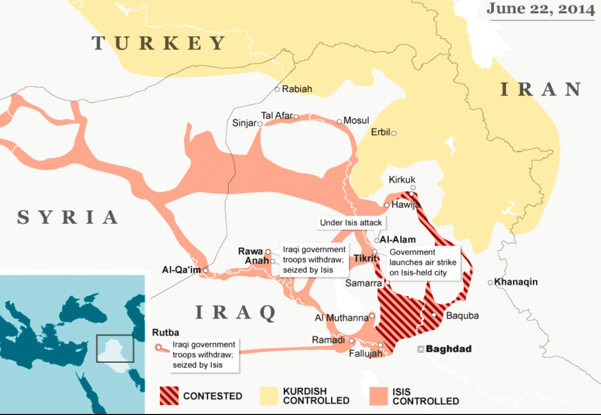 A 2014 map shows the areas under ISIS and Kurdish control at the time. Source | Telegraph