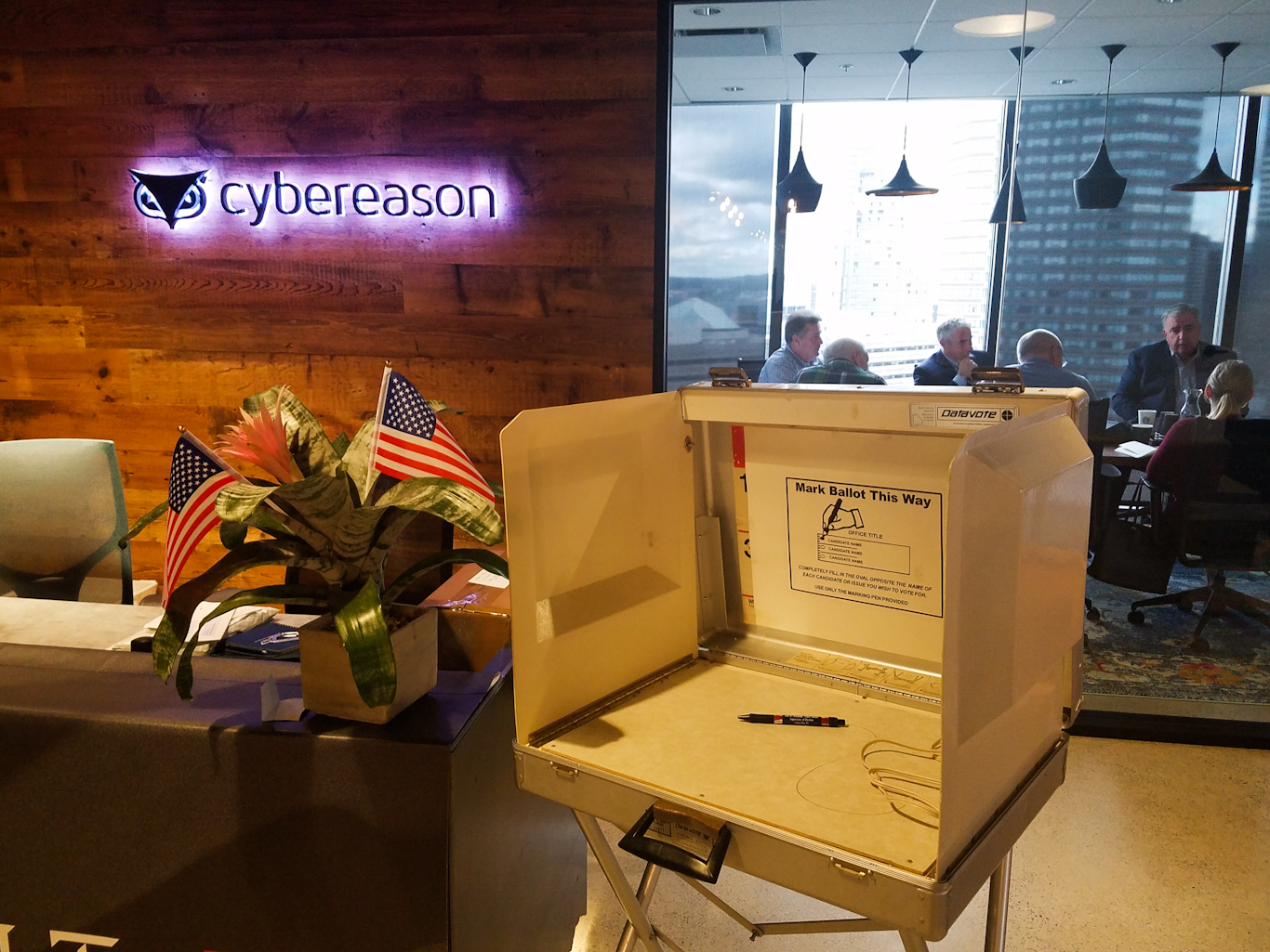 In this undated photo from Cybereason’s website, a faux ballot box is shown in the company’s Boston office.