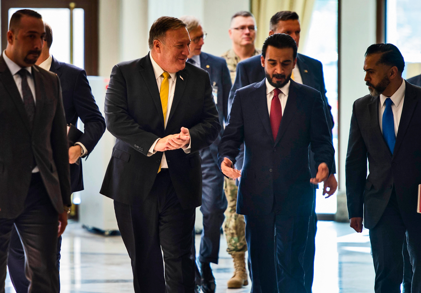 Secretary of State Pompeo, left, walks alongside Al-Halbousi in Baghdad, Iraq on Jan. 9, 2019. Andrew Caballero-Reynolds | Reuters