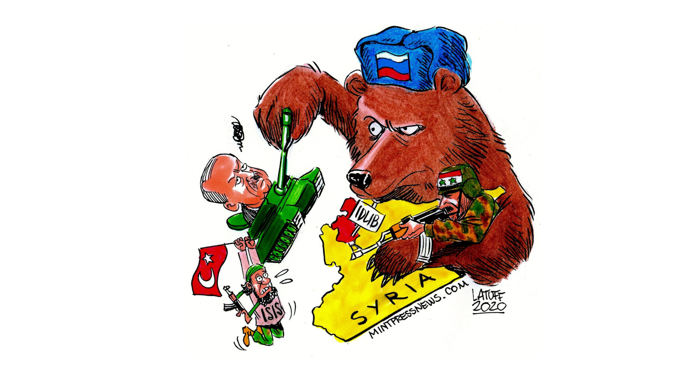 Carlos Latuff editorial cartoon Russia and Turkey Battle for Idlib Syria