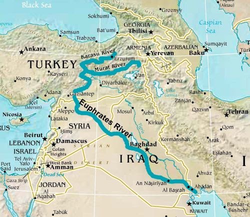 Map showing the Euphrates river that dissects much of the region with its source in Turkey