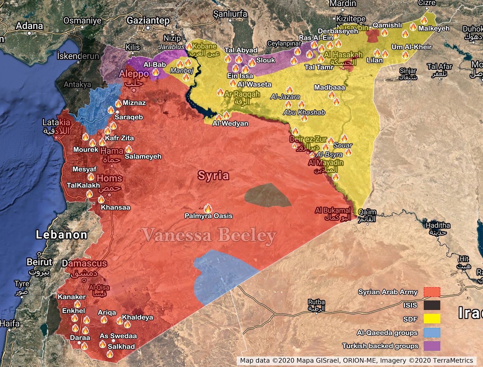 Map showing all the crop-fires raging intermittently across Syria. Credit | Ibrahim Mohammad