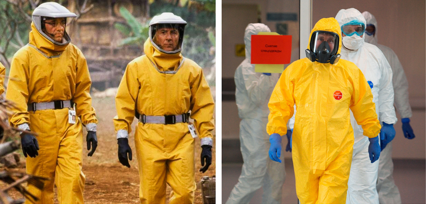 Life imitating art? A still from the 1995 film “Outbreak,” left, and Vladimir Putin donning Hoffman-esque fashion