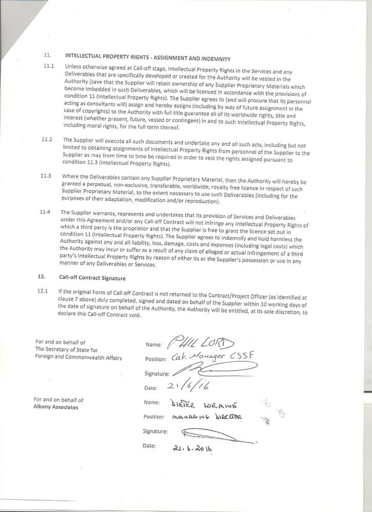 contrato firmado entre Albany Associates y el Ministerio de Relaciones Exteriores británico