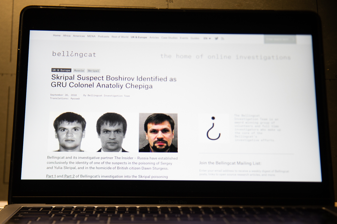 A Bellingcat article covering the alleged poisoning of Sergei Skripal, a story covered heavily by the organization. Alexander Zemlianichenko | AP