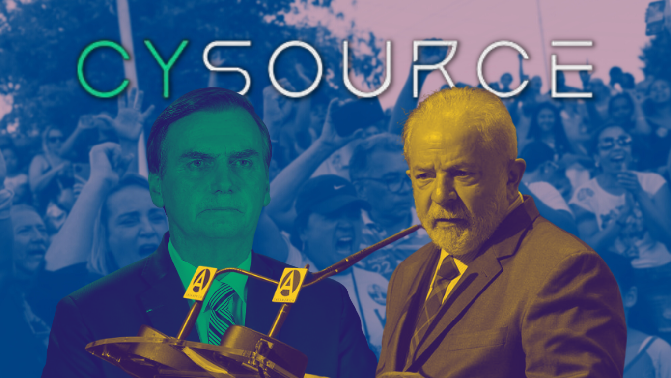 Image shows Lula da Silva and Jair Bolsonaro. The logo of CySourse, an Israeli cyber security company, is above Silva and Bolsonaro. An image in the background shows Brazilians cheering.