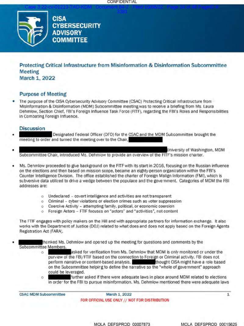 Leaked minutes of a March 1 DHS Cybersecurity and Infrastructure Security Agency meeting