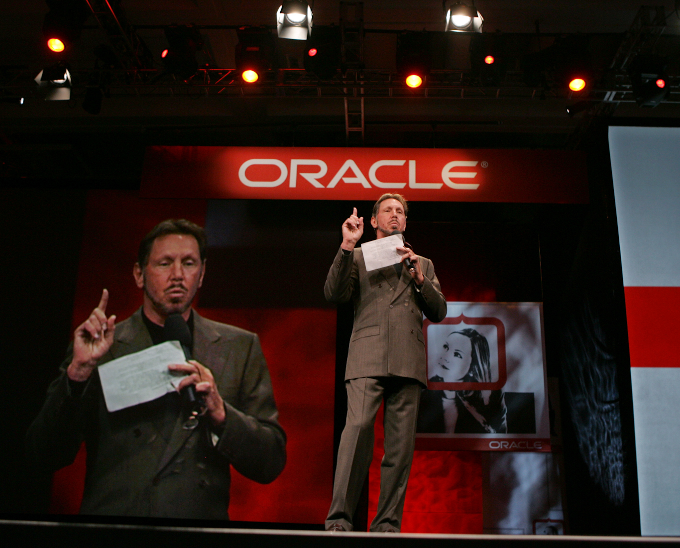 Larry Ellison gestures during a keynote address at the Oracle Open World Conference in 2005. Photo: Sakuma/AP.