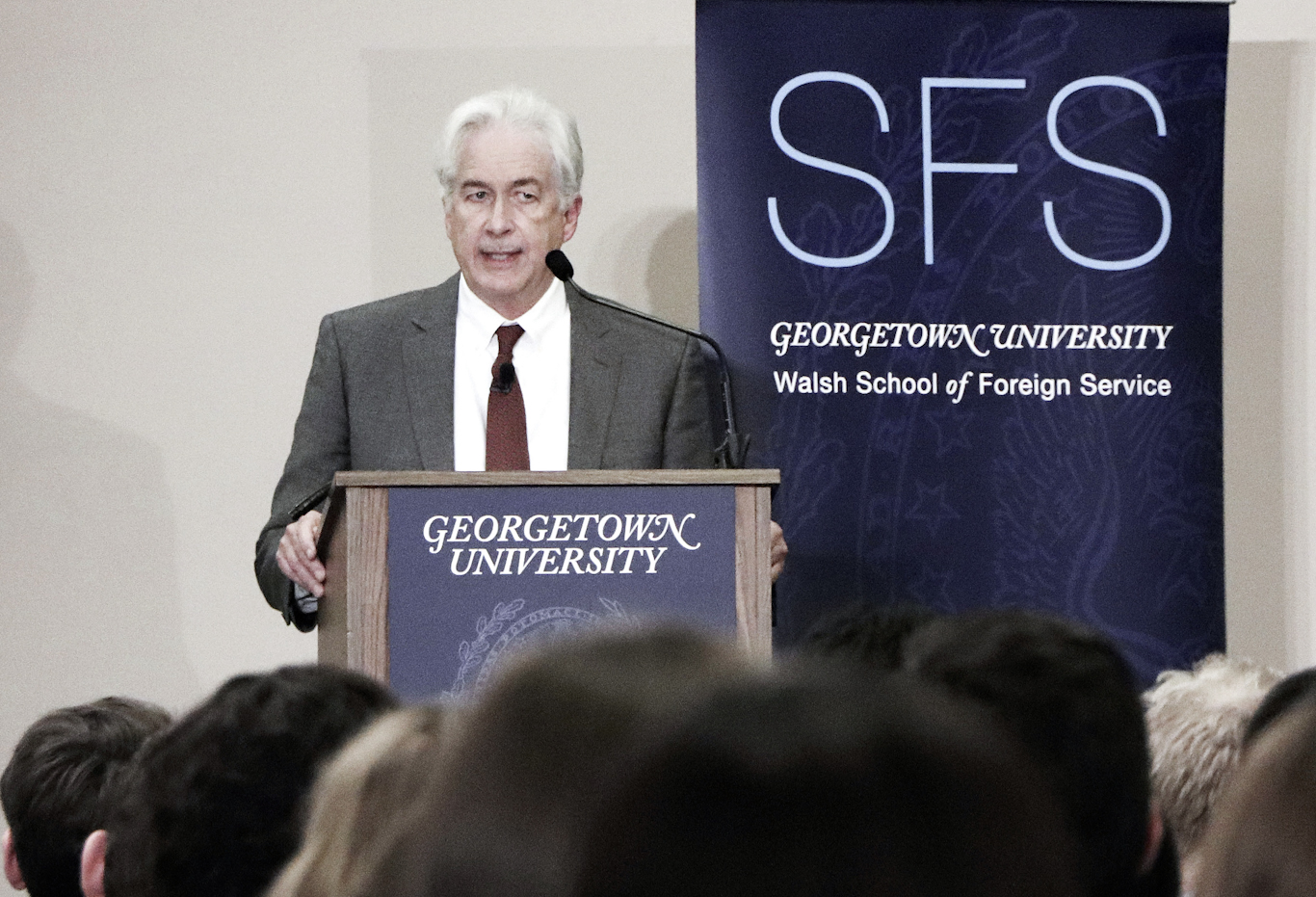 Acting CIA Director William Burns speaks about threats from China at a Georgetown University event on Feb. 2, 2023. Photo: Kyodo via AP.