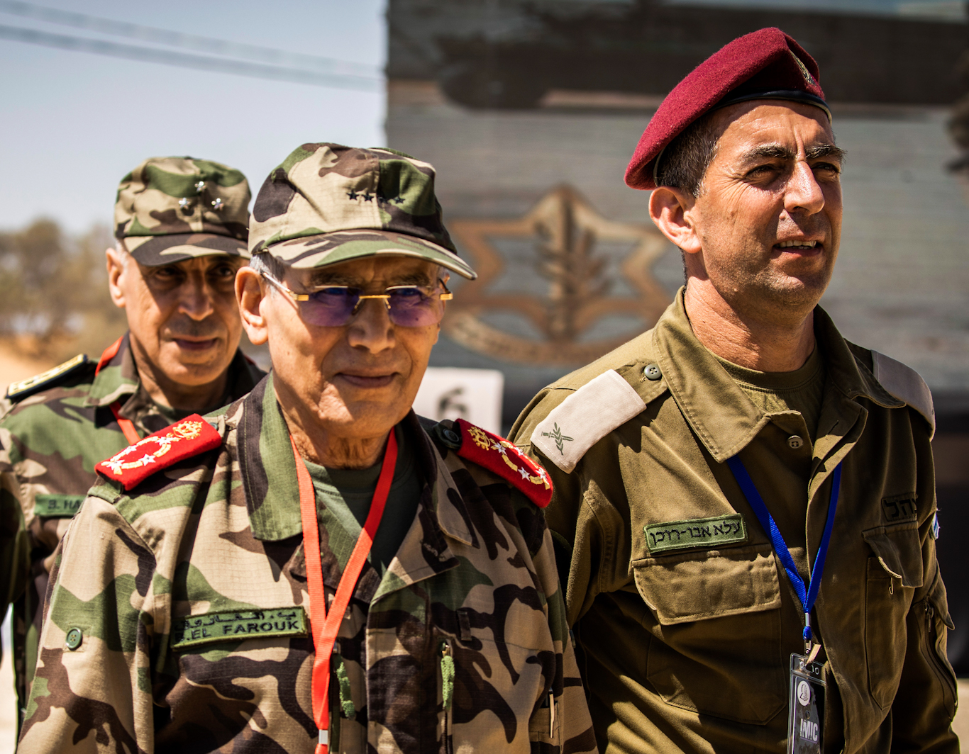 Moroccan General Belkhir El Farouk, left, flanked by Israeli military personnel, attends a live-fire exercise at Tze'elim military base in Israel, September 2022. Photo: DPA/AP.