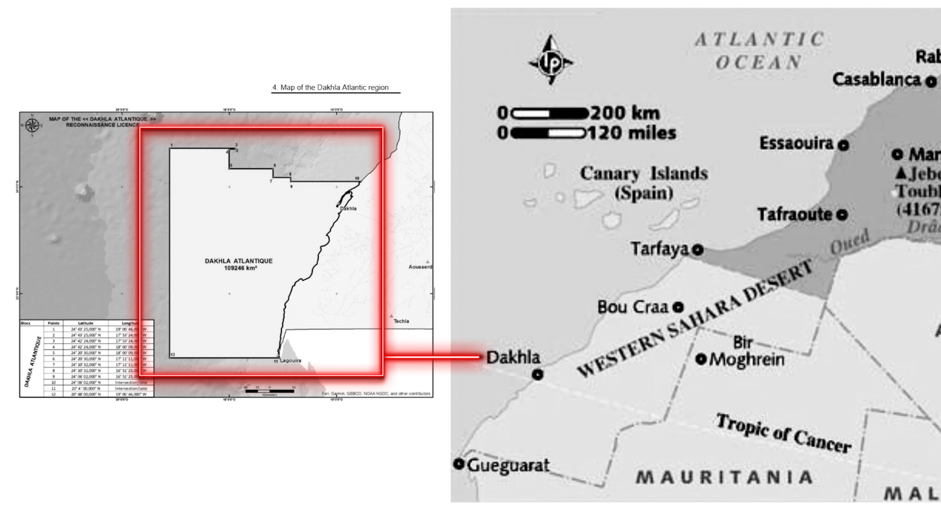 Revendication d'exploration pétrolière de Gibraltar au Sahara Occidental occupé par le Maroc