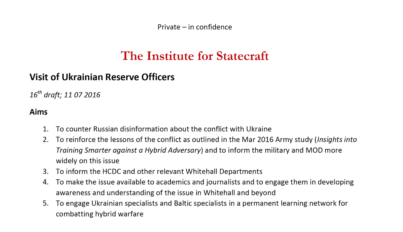 Leaked Integrity Initiative document on visit of Ukraine intelligence officers