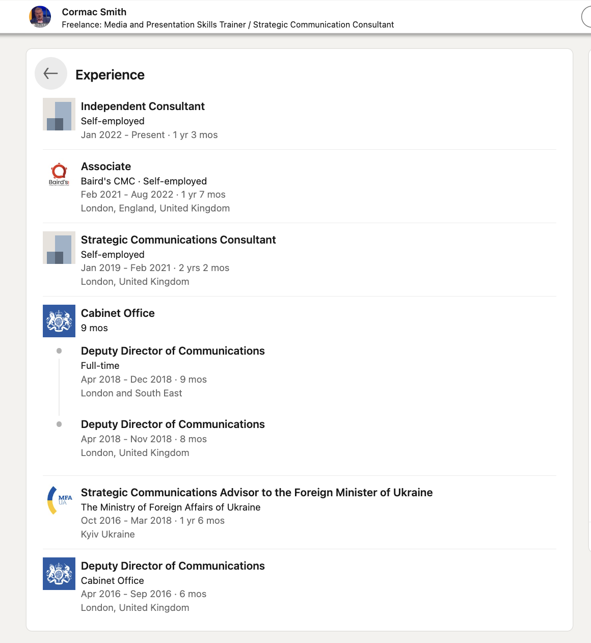 Cormac Smith's “Experience” | LinkedIn