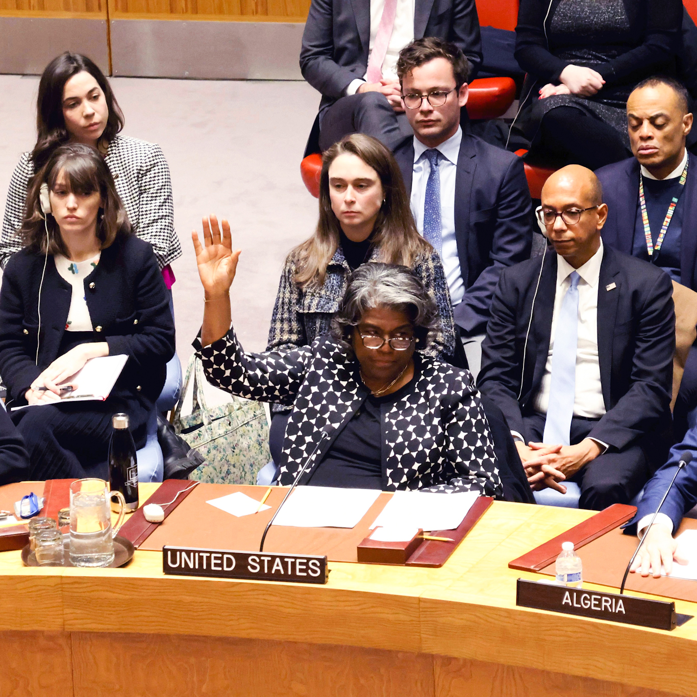 US Ambassador to the UN Linda Thomas-Greenfield raises her hand in opposition to a resolution calling for an immediate ceasefire in Gaza, February 20, 2024. Photo: Yomiuri Shimbun/AP.